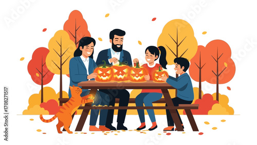 Pumpkin Carving: Family togetherness during the Halloween season. Capture the moment with this perfect illustration of family time with pumpkin carvings.