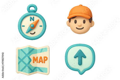 Outdoor adventure and travel symbols including a directional compass, a folded map, and a smiling explorer character