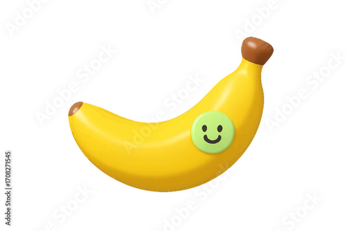 Bright yellow banana fruit with a cheerful green smiley face sticker on its peel, presented against a clean white background