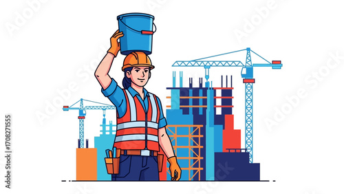 Construction Worker on Site: A dedicated construction worker confidently balances a bucket on their head amidst the backdrop of an active construction site, emphasizing focus, precision.
