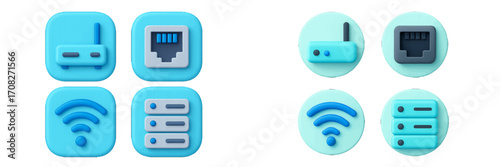 Modern 3D network connection icons set with router, Wi-Fi signal, Ethernet port, and server rack symbols