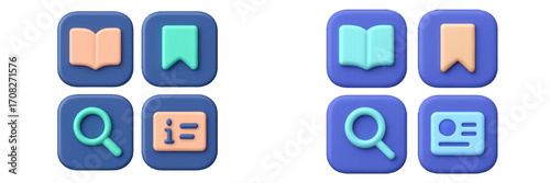 Collection of soft 3D user interface icons featuring book, bookmark, search, and information symbols for digital applications