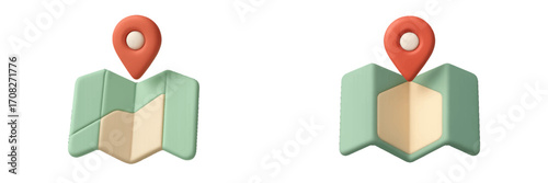 Stylized 3D render of a folded map with a prominent location pin indicating a specific point or destination