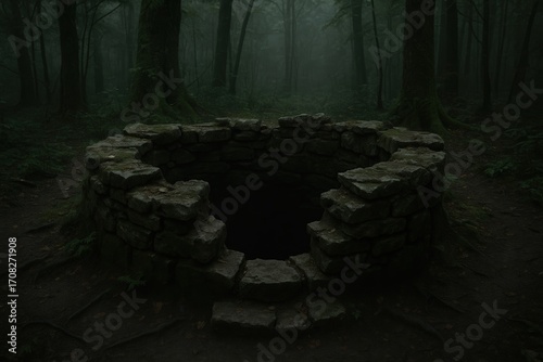 An ancient stone well stands shrouded in an eerie forest, its dark depths hinting at mystery, the misty air enveloping it in a sense of foreboding.