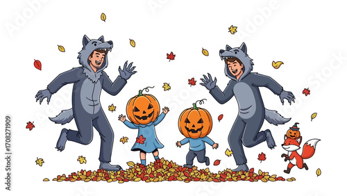 Autumnal Playtime: Delightful illustration of two children dressed in wolf costumes, happily dancing with two children wearing pumpkin costumes and another child in fox costume.