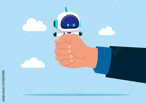 Huge hand competitor squeezes a robot. Threat. Survive recession. Career growth and opportunities. Flat vector illustration.