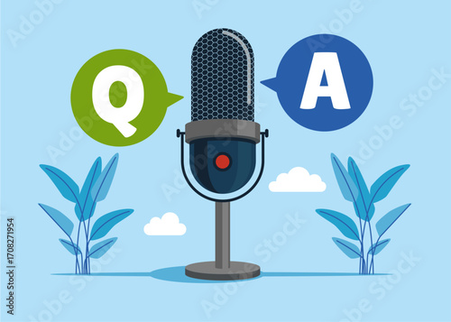 Studio microphone for streaming and gaming. Frequently asked question. Question and answers. Q and A. Working on dialog with question and answer. Flat vector illustration