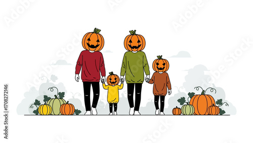 Halloween Pumpkin Head Family: A charming illustration of a family with pumpkin heads, joyfully strolling through a festive Halloween setting adorned with pumpkins and vines. 