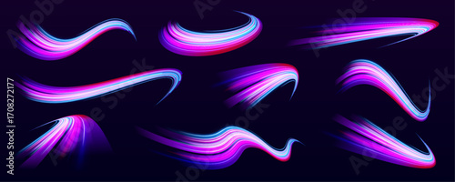 An explosion of light bursts from the center in a glowing display of rays and curves. The composition uses red and blue contrasts to evoke power and motion. Ideal for tech-driven art.