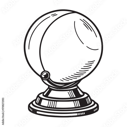 A black and white illustration of a crystal ball on a stand, isolated on white background