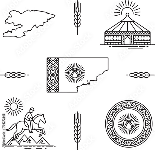 Hand-Drawn Kyrgyzstan Flag and Heritage Icon Pack with Map, Yurt, Horse, Mountains, Sun, and Cultural Motifs