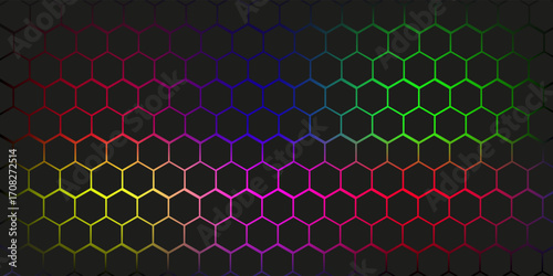 Dark hexagon abstract technology background with blue and green colored bright flashes under hexagon. Hexagonal gaming vector tech illustration.