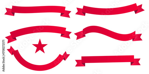 A versatile collection of red ribbon banners and a star, this vector illustration set offers various graphic design elements for decoration