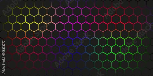 Dark hexagon abstract technology background with blue and green colored bright flashes under hexagon. Hexagonal gaming vector tech illustration black abstract background. EPS 10