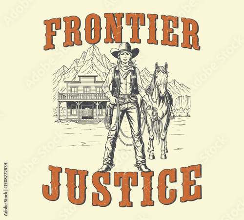 Frontier Justice Western Cowgirl with Horse and Saloon – Vintage Wild West Illustration