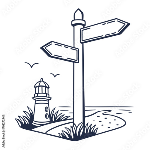 Directional signpost by the ocean, guiding travelers with a distant lighthouse vista