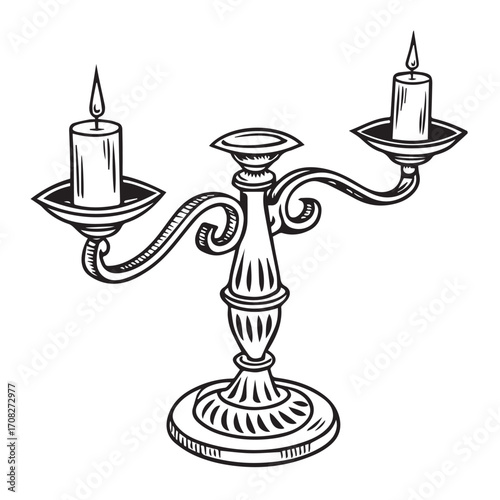 A black and white sketch of a twoarmed candelabra with lit candles, isolated on white background