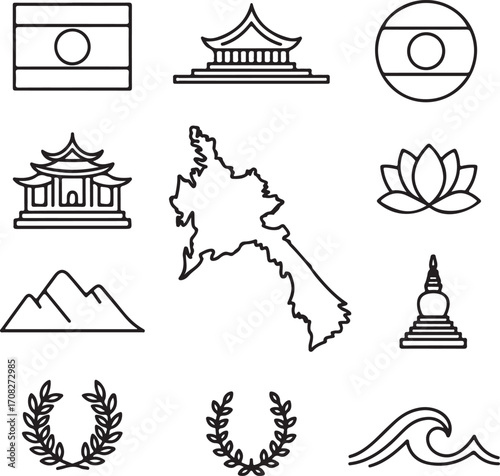 Hand-Drawn Laos Flag and Heritage Icon Pack with Map, Temple, Elephant, Lotus, and National Motifs