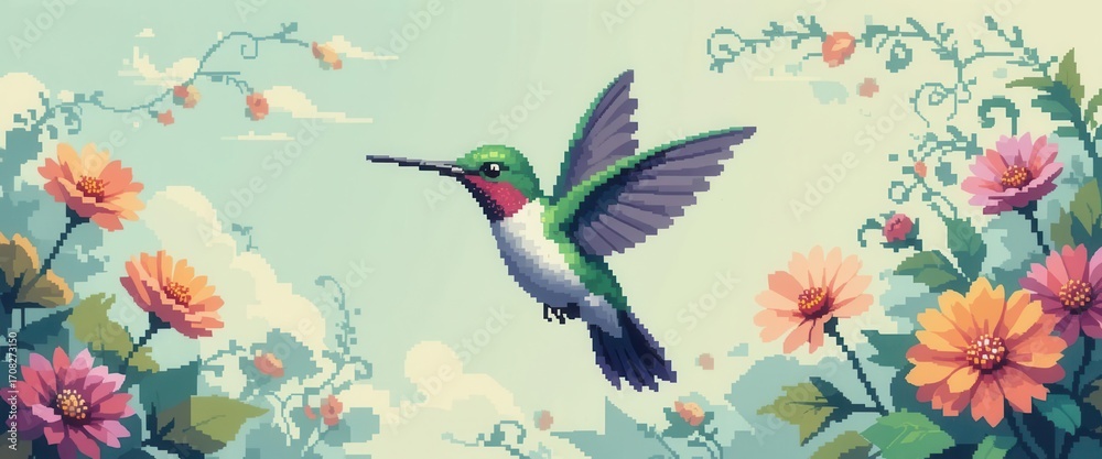 Fototapeta premium A pixelated 8 bit style hummingbird in flight, reminiscent of retro video games, with blocky floral elements.