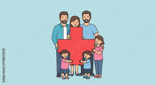 Happy Family Holding Red Cross Symbolizing Health And Well Being