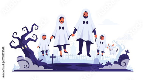 Halloween Ghostly Family: An adorable family dressed as ghosts frolic in a whimsical graveyard on Halloween night, with spooky trees and tombstones.
