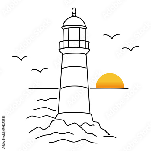 Minimalist vector line art illustration of a lighthouse on the seaside with a sunset on the horizon and flying seagulls.