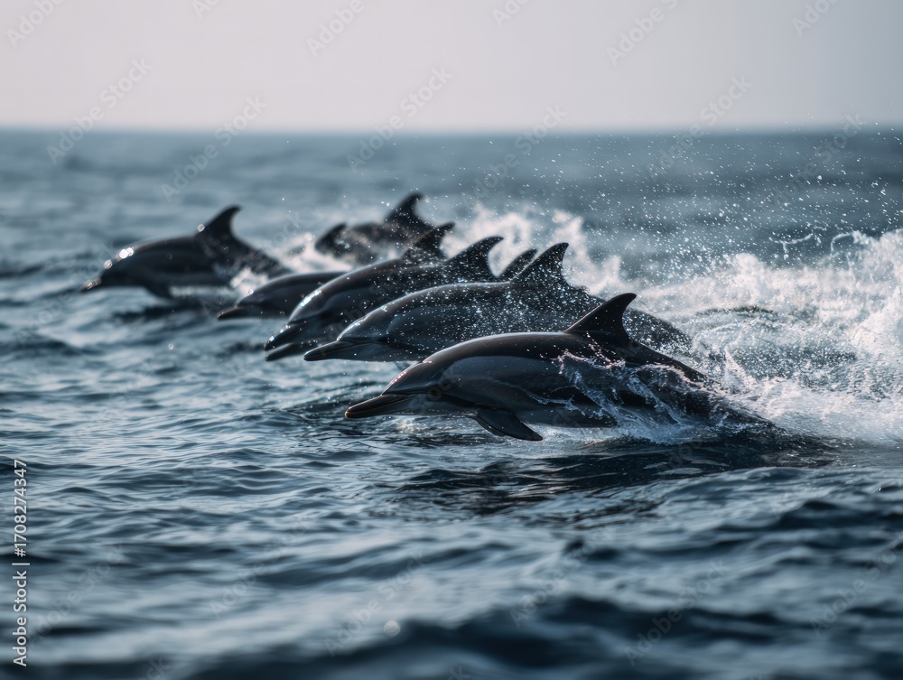 Obraz premium Pod of Dolphins Leaping from Ocean Waves