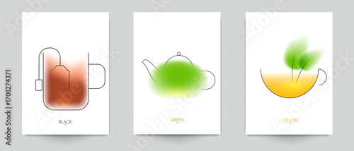 Set of tea composition in minimalistic style. Design template for branding shop or cafe invitation, business card, menu page, banner, flyer. Vector illustration.