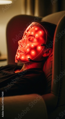 Woman relaxing with red LED light therapy facial mask for skin care