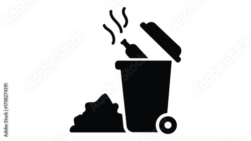 Trash can with overflowing garbage and smoke, isolated on white background
