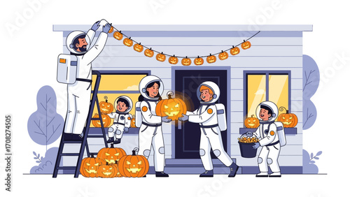 Astronaut Halloween: A quirky illustration of a family in astronaut suits, adorning their house with pumpkins for the annual Halloween celebration.