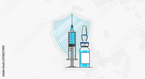 Healthcare Protection: Syringe And Vial Illustration With Shield Icon