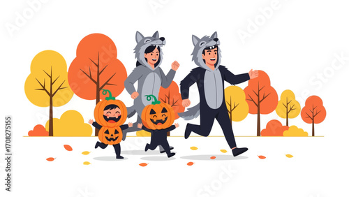 Halloween Family Fun Run: A lively family dressed in creative costumes dashes joyfully through a park ablaze with autumn colors, embodying the spirit of Halloween fun and togetherness.