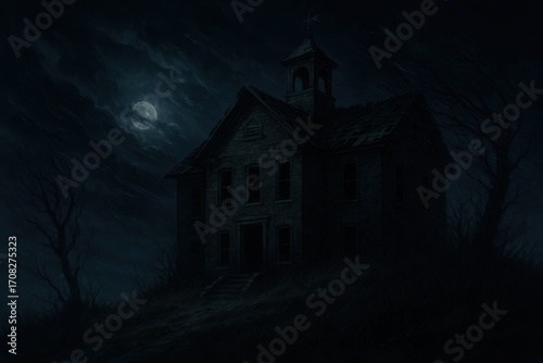 A spooky haunted house on a moonlit night, shrouded in an eerie darkness, an evocative visual of the supernatural.