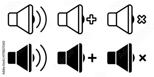 Volume icon Set. A set of simple line icon design for speaker volume, including mute, low volume, and high volume options. Ideal for web and app interfaces.