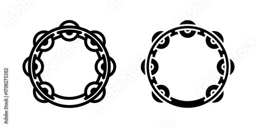 Tambourine icon Set. Two minimalist style outline tambourine percussion instrument musical isolated symbol icon, simple design, on white background.