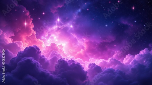 Stunning cosmic scene showcasing vibrant purple and pink clouds among sparkling stars in the night sky