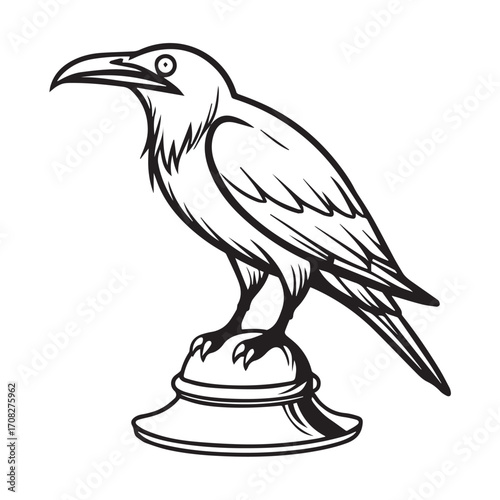 A striking black and white illustration of a raven perched on a decorative pedestal, isolated on white background