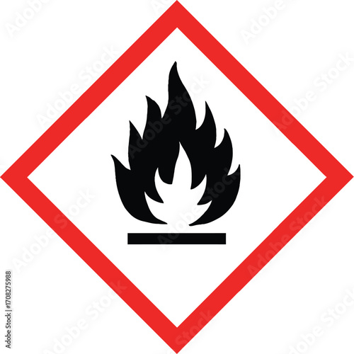 GHS02 hazard pictogram with black flame symbol inside red diamond for flammable materials warning