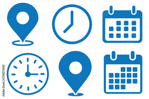 Time, date and address icon set. Travel concept or booking. Calendar, clock, location. Editable vector. Filled vector