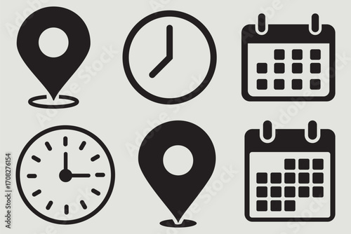 Time, date and address icon set. Travel concept or booking. Calendar, clock, location. Editable vector. Filled vector