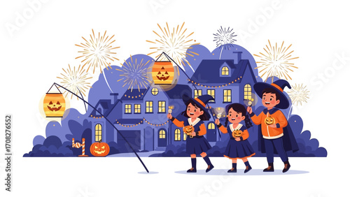 Whimsical Halloween Evening: Children wearing costume with Jack O Lantern, strolling the neighborhood, amidst festive decorations. Capturing the excitement of Halloween night.