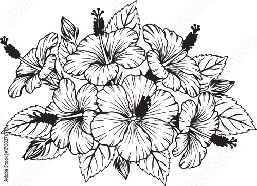 Black and white line art illustration of a bouquet of hibiscus flowers and leaves