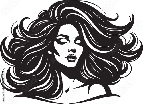 Black and white silhouette of a woman with voluminous, flowing hair female beauty