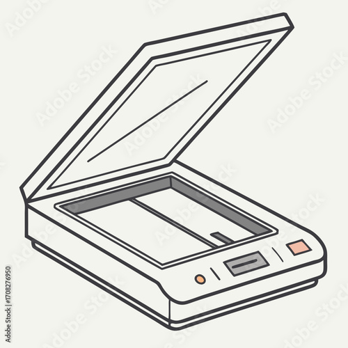 Clean line art illustration of an open flatbed document and photo scanner