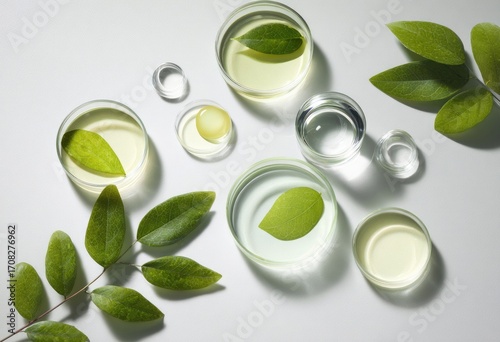 Fresh, green leaves in clear petri dishes