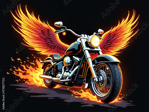 Vector t-shirt design with biker motorcycle, wings
and fire on black background.
Fashionable print for fabric, paper, men clothing,
hoodie, biker jacket. T shirt template with flame.