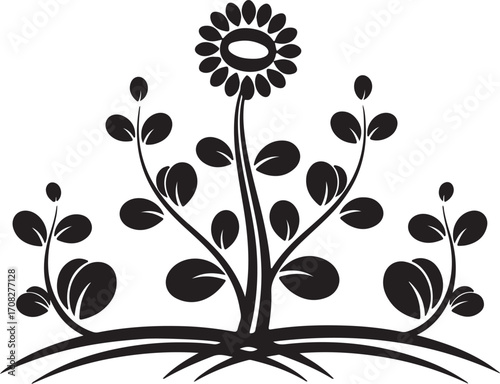 Black Silhouette of a Stylized Flower with Leaves and Swirling Base black and white