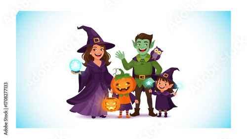 Halloween Family Gathering: A vibrant, cartoon illustration depicts a festive Halloween gathering, with costumed figures radiating an atmosphere of spooky fun and holiday cheer. 