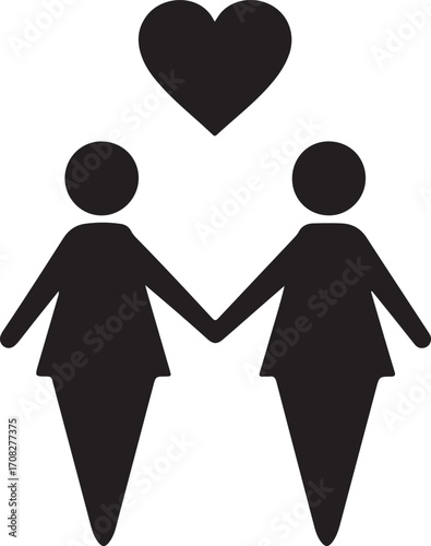 Black Silhouette of Two Women Holding Hands with Heart Above on White Background love